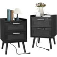 thumbnail image 1 of Finnhomy Nightstand with Charging Station, Bedside Table with Rattan Drawers, Full Black, Set of 2, 1 of 6
