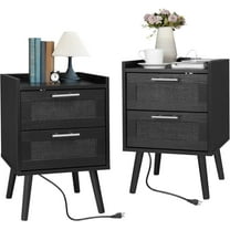 Finnhomy Nightstand with Charging Station, Bedside Table with Rattan Drawers, Full Black, Set of 2