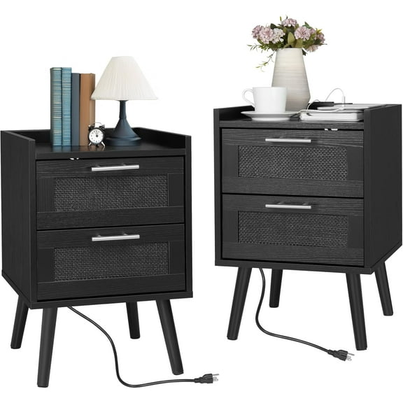 Finnhomy Nightstand with Charging Station, Bedside Table with Rattan Drawers, Full Black, Set of 2