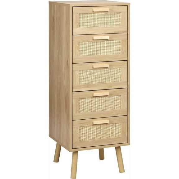 Finnhomy Rattan Dresser for Bedroom, Tall Dresser with 5 Hand Made Rattan Decorated Drawers, Small Chest of Drawers for Living Room, Closet, Hallway, Natural