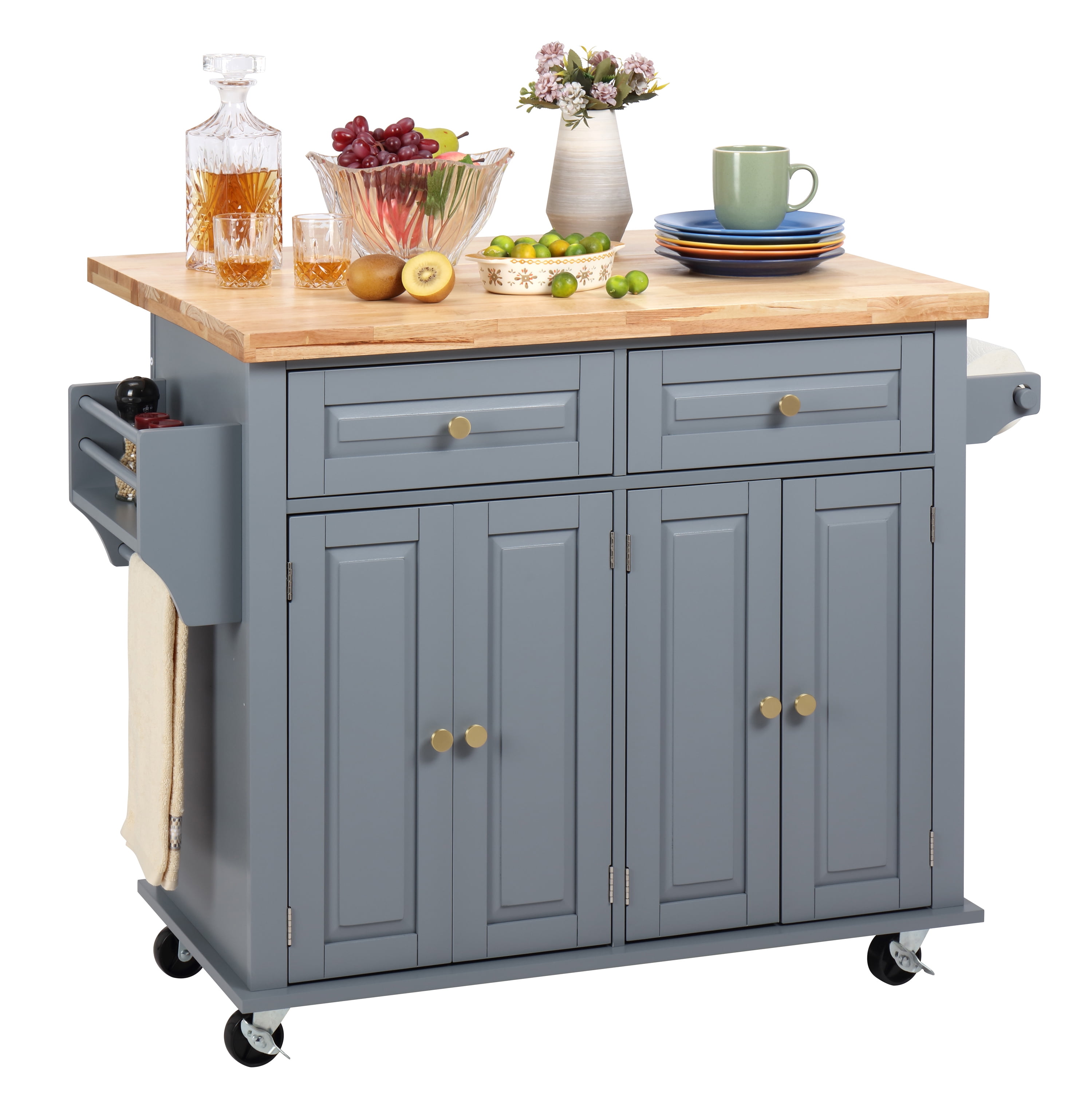 Finnhomy Rolling Kitchen Island with Drop Leaf, Thicken Rubberwood Top, 43.3-inch Portable Mobile Storage Cart
