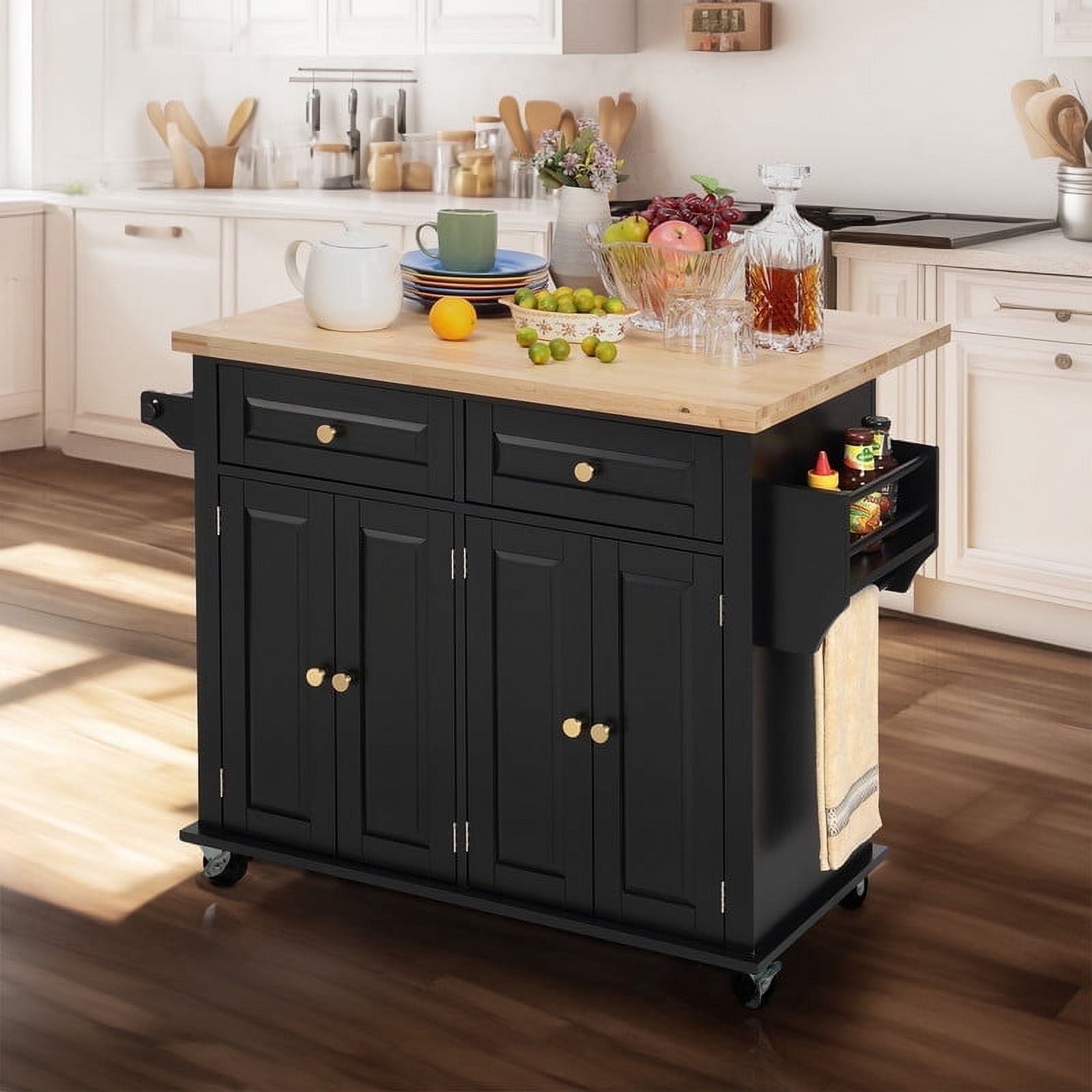 Finnhomy Rolling Kitchen Island with Drop Leaf, Thicken Rubberwood Top, Portable Mobile Carts Table, Kitchen Serving and Storage Cart