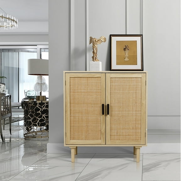 Finnhomy Sideboard Buffet Cabinet, Kitchen Storage Sideboard with Rattan Doors and 2 Shelves, Natural