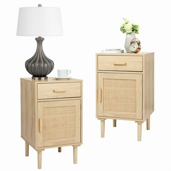 Finnhomy Tall Nightstands Set of 2 with Rattan Decorated Doors