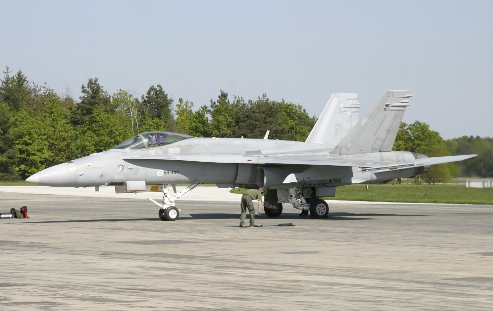 Finnish Air Force F-18C Hornet at Manching Airfield Germany Canvas Art - Timm ZiegenthalerStocktrek Images (36 x 23)