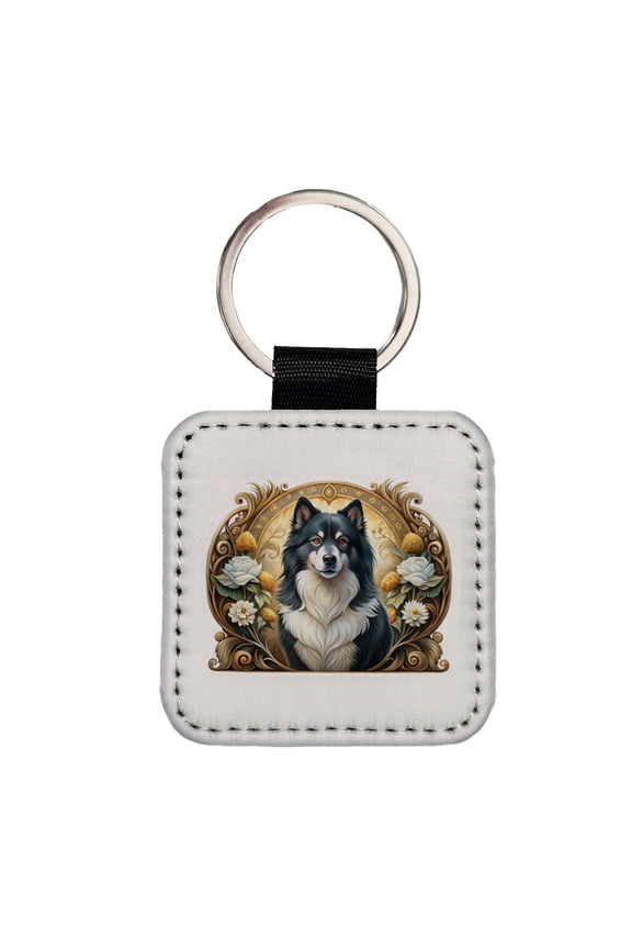 Finnish Lapphund Dog Art Nouveau Faux Leather Square Keychain