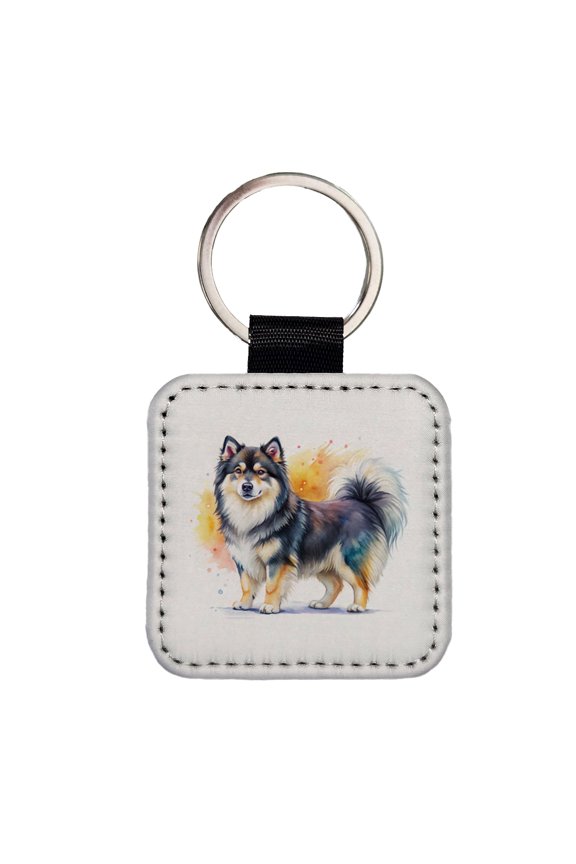 Finnish Lapphund Dog Watercolor Style Faux Leather Square Keychain