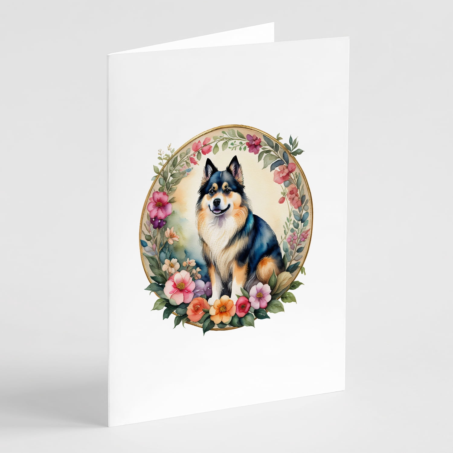 Finnish Lapphund and Flowers Greeting Cards and Envelopes Pack of 8 7 in x 5 in