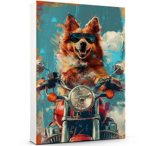 Finnish Spitz Dog Poster Riding A Motorcycle - Finnish Spitz Dog Canvas Wall Art For Bedroom Decor - Boho Bathroom - Birthday Gifts For Boyfriend