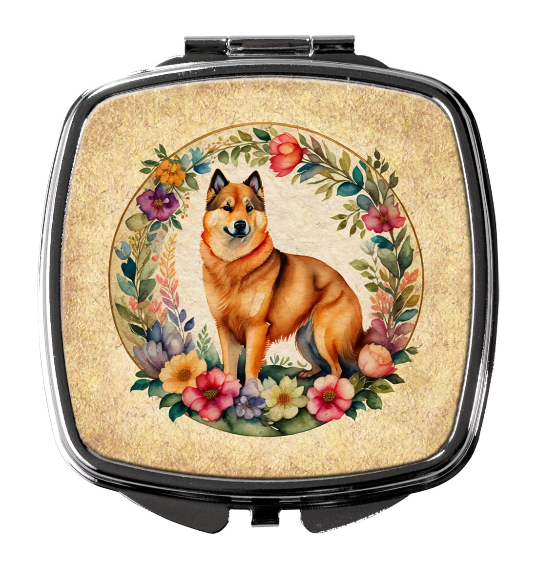 Finnish Spitz and Flowers Compact Mirror 2.75 in x 3 in