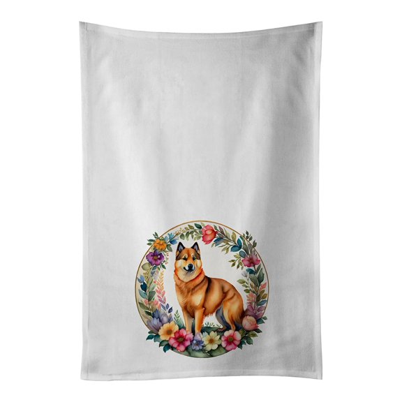 Finnish Spitz and Flowers Kitchen Towel Set of 2 White Dish Towels 19 in x 28 in