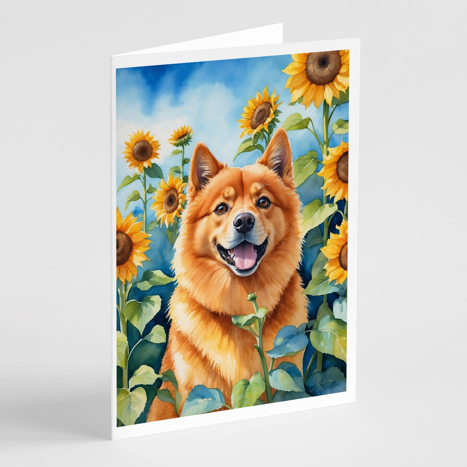 Finnish Spitz in Sunflowers Greeting Cards Pack of 8 7 in x 5 in