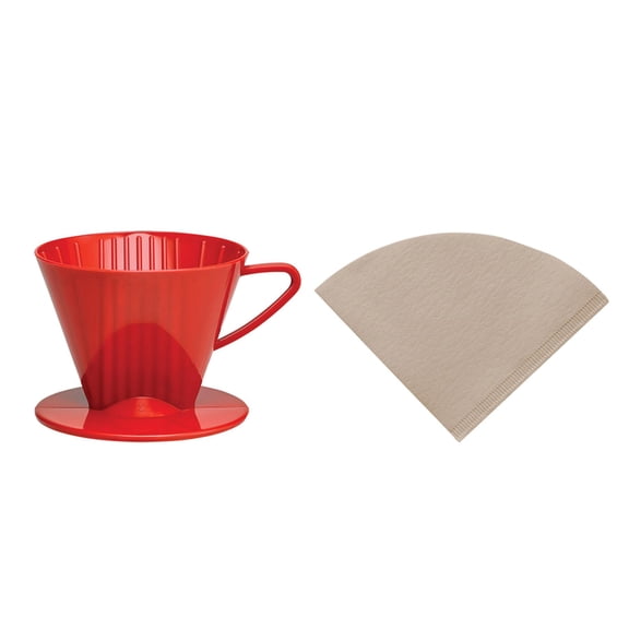 Fino Pour-Over Reusable Coffee Brewing Cone, Number 2-Size, Red, With 100 Disposable Unbleached Paper Filters, Brews 2–6 Cups, Ideal For Home, Office, Or Travel