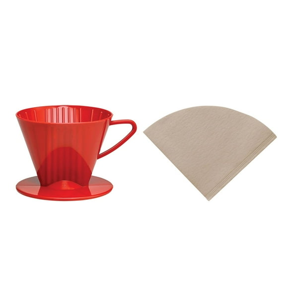 Fino Pour-Over Reusable Coffee Brewing Cone Plus 100 Disposable Unbleached Paper Filters, Number 2-Size, Red