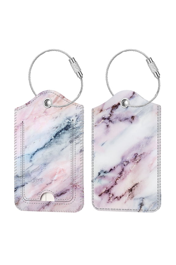 2 Pcs Luggage Tags, Privacy Cover ID Label with Stainless Steel Loop and Address Card for Travel Bag Suitcase (Marble Pink)