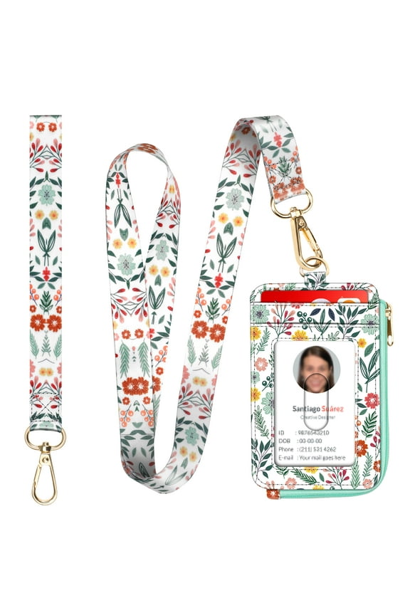 2-in-1 ID Badge Holder & Lanyard Wallet, Credit Card Holders with Removable Wristlet & Neck Lanyard, Leather ID Name Badg 5 Card Slots Zipper Purses for Women Girls