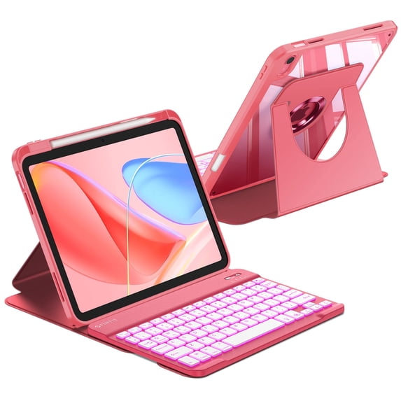 Fintie Keyboard Case for iPad 11th Generation 11-Inch (A16) and iPad 10th Generation 10.9-Inch, 360° Rotating Cover with Detachable Magnetic Bluetooth Keyboard, 7-Color Backlight, Clear Back, Pink