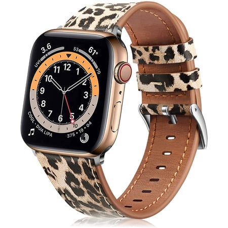 Fintie Bands for Apple Watch 41mm 40mm 38mm Series 7 6 5 4 3 2 1 and iWatch SE, Genuine Leather Band Replacement Accessories Strap Wristband, Classic Leopard