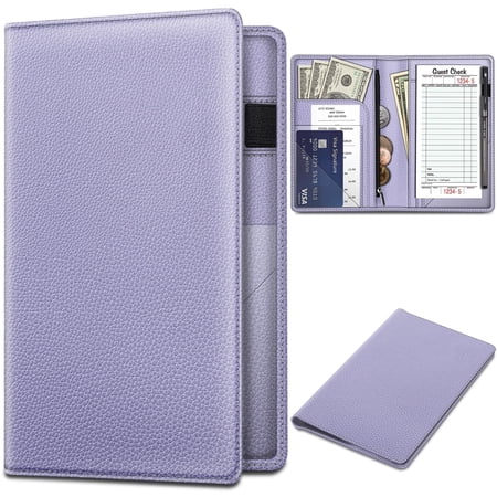Fintie Server Book Organizer with Zipper Pocket, PU Leather Restaurant Guest Check Presenters Card Holder for Waitress, Waiter, Bartender, Lilac Purple