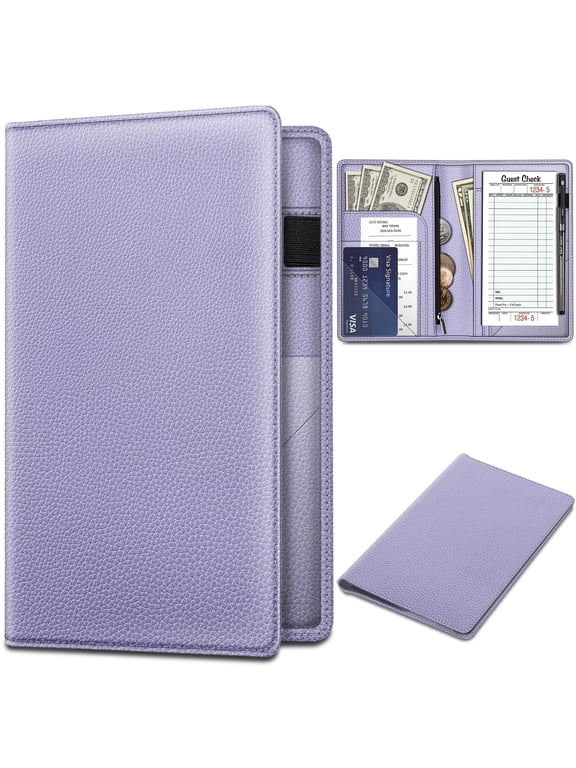 Server Book Organizer with Zipper Pocket, PU Leather Restaurant Guest Check Presenters Card Holder for Waitress, Waiter, Bartender, Lilac Purple