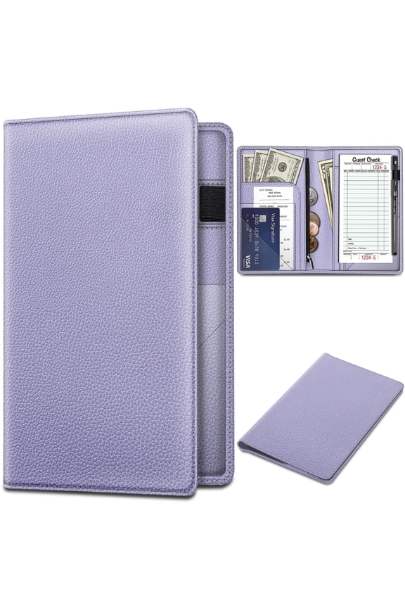 Server Book Organizer with Zipper Pocket, PU Leather Restaurant Guest Check Presenters Card Holder for Waitress, Waiter, Bartender, Lilac Purple