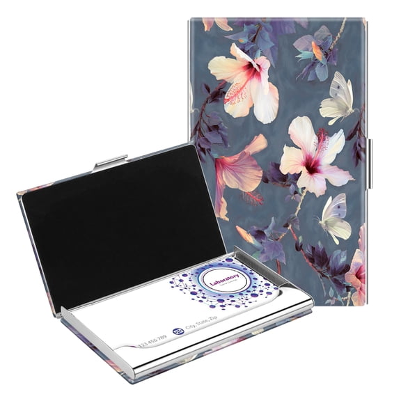 Fintie Business Card Holder Credit Card Wallet, Premium Vegan Leather Coated Stainless Steel Professional Slim Name Card Case Organizer, w/ Magnetic Closure for Men & Women (Blooming Hibiscus)