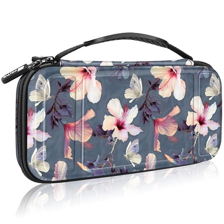 Fintie Carry Case for Nintendo Switch OLED Model 2021 Hard Shell Protective Cover Travel Bag w/10 Game Card Slots, Blooming Hibiscus