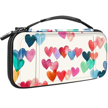 Fintie Carrying Case for Nintendo Switch OLED Model 2021 & Nintendo Switch 2017 [Shockproof] Hard Shell Protective Cover Travel Bag w/10 Game Card Slots, Raining Hearts