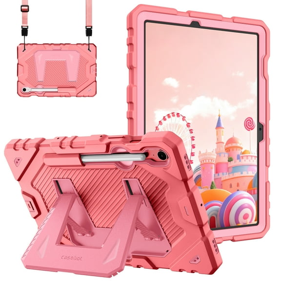 Fintie Case for Samsung Galaxy Tab S10 Lite/ S10 FE/ S9 FE 10.9 Inch/Tab S9 11 Inch, Fully-Body Rugged Heavy Duty Shockproof Protective Case with Kickstand & Shoulder Strap for Kids, Pink