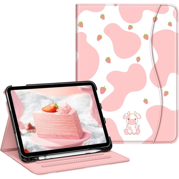 Fintie Case for iPad (A16) 11th Generation 11 Inch (2025), iPad 10th Generation 10.9 Inch (2022), Multi-Angle Viewing Protective Stand Cover, Pencil Holder & Pocket, strawberry cow