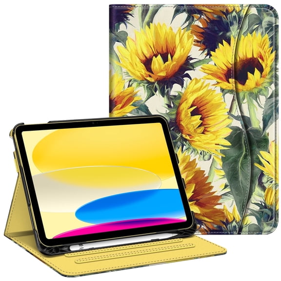 Fintie Case for iPad (A16) 11th Generation 11 Inch (2025), iPad 10th Generation 10.9 Inch (2022), Multi-Angle Viewing Protective Stand Cover, Pencil Holder & Pocket, Sunflowers