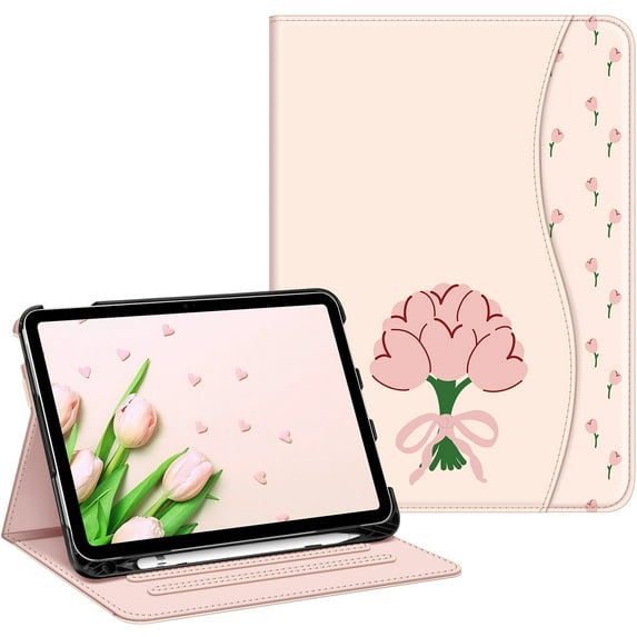 Fintie Case for iPad (A16) 11th Generation 11 Inch (2025), iPad 10th Generation 10.9 Inch (2022), Multi-Angle Viewing Protective Stand Cover, Pencil Holder & Pocket, coquette tulips
