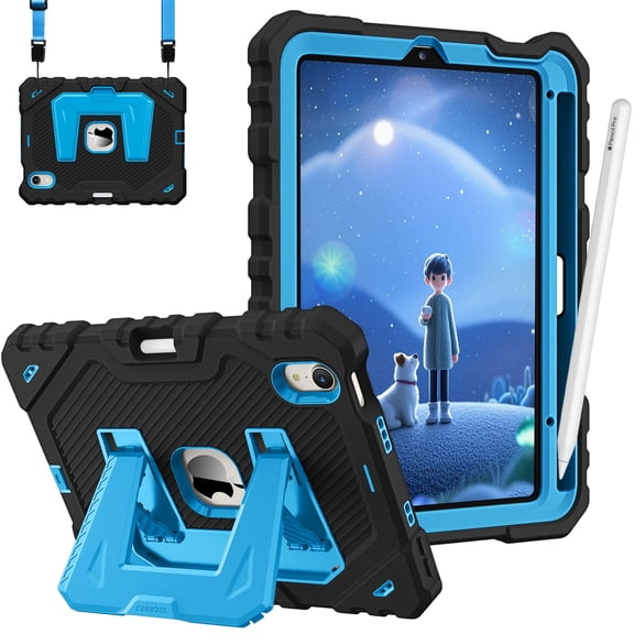 Fintie Case for iPad Mini 7th Generation (A17 Pro) 2024 / iPad Mini 6 2021, Fully-Body Rugged Heavy Duty Shockproof Protective Case with Kickstand for Kids, Black / Blue