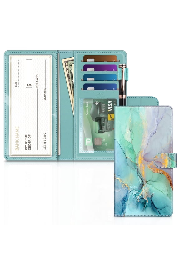 Checkbook Cover, RFID Blocking Big Capacity Standard Register Duplicate Checks with Pen Holder, Cards Slots