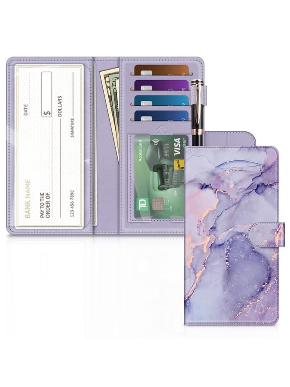 Checkbook Cover, RFID Blocking Big Capacity Standard Register Duplicate Checks with Pen Holder, Cards Slots