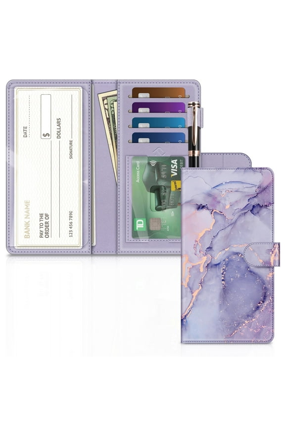 Checkbook Cover, RFID Blocking Big Capacity Standard Register Duplicate Checks with Pen Holder, Cards Slots