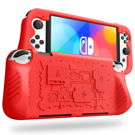 Fintie Ergonomic Grip Case for Nintendo Switch OLED Model 2021 with 3 Game Card Slots, Soft Silicone Shockproof Anti-Slip Protective Cover, Red