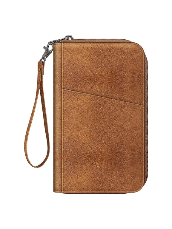 Family Passport Holder, RFID Blocking Travel Document Organizer Clutch Bag for Women and Men,Brown
