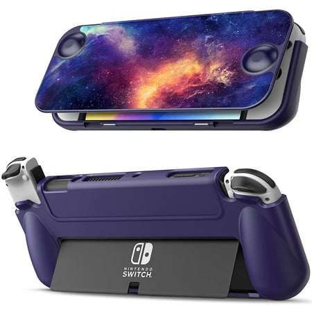 Fintie Flip Case for Nintendo Switch OLED Model 2021 [Screen Safe] Slim Protective Soft TPU Shell with Magnetically Detachable Front Cover & Ergonomic Grip, Galaxy