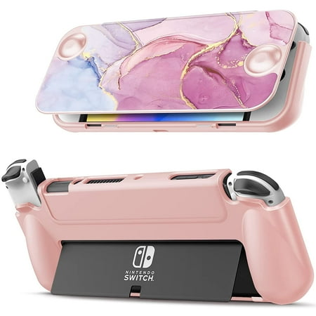 Fintie Flip Case for Nintendo Switch OLED Model 2021 [Screen Safe] Slim Protective Soft TPU Shell with Magnetically Detachable Front Cover & Ergonomic Grip, Glittering Marble