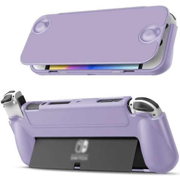 Fintie Flip Case for Nintendo Switch OLED Model 2021 [Screen Safe] Slim Protective Soft TPU Shell with Magnetically Detachable Front Cover & Ergonomic Grip, Lilac Purple