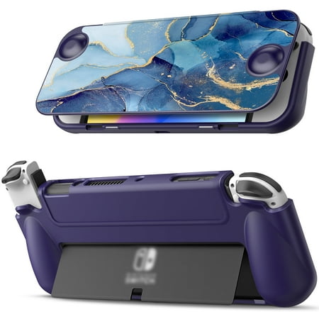 Fintie Flip Case for Nintendo Switch OLED Model 2021 [Screen Safe] Slim Protective Soft TPU Shell with Magnetically Detachable Front Cover & Ergonomic Grip, Ocean Marble