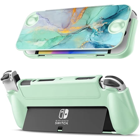 Fintie Flip Case for Nintendo Switch OLED Model 2021 Slim Protective Soft TPU Shell [Screen Safe] Magnetically Detachable Front Cover & Ergonomic Grip,Emerald Marble