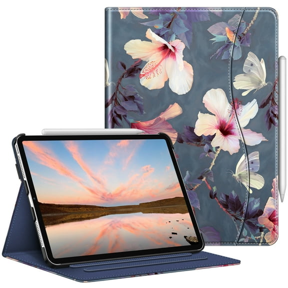 Fintie Folio Case with Pocket for 11 Inch iPad Pro 4th 2022 / 3rd / 2nd / 1st Generation - Protective Multi-Angle Viewing Stand Cover with Pencil Holder [Supports Pencil 2nd Gen Charging], Blooming Hi
