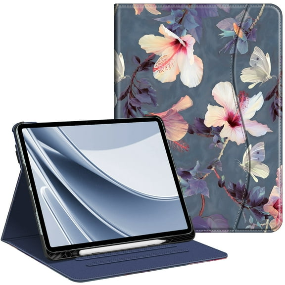 Fintie Folio Case for iPad Air 13-inch (M3) 2025, (M2) 2024, Multi-Angle Viewing Protective Cover with Pencil Holder & Pocket, Blooming Hibiscus