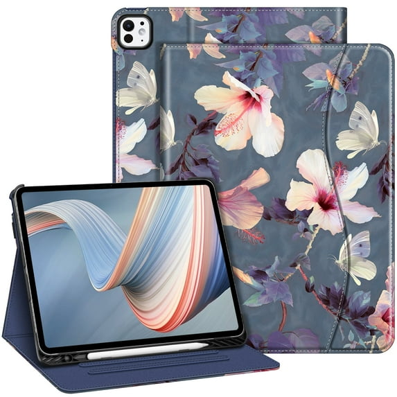 Fintie Folio Case for iPad Pro 13-inch (M4) 2024, Multi-Angle Viewing Protective Stand Cover with Pencil Holder & Pocket, Auto Sleep/Wake, blooming hibiscus