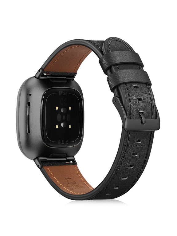 Genuine Leather Band Replacement Accessories Strap Wristband for Fitbit Versa 3 / Fitbit Sense, Black