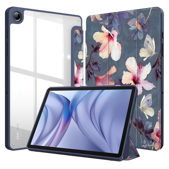 Fintie Hybrid Slim Case for Samsung Galaxy Tab A11+ Plus 2025/ A9+ Plus 11 Inch 2023, Shockproof Cover with Clear Transparent Back Shell, Auto Wake/Sleep, Blooming Hibiscus