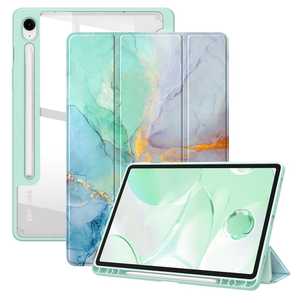 Fintie Hybrid Slim Case for Samsung Galaxy Tab S10 Lite/ S10 FE/ S9 FE 10.9 Inch/Tab S9 11 Inch with S Pen Holder, Shockproof Cover with Clear Transparent Back Shell, Auto Wake/Sleep, Emerald Marble