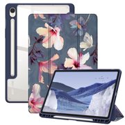 Fintie Hybrid Slim Case for Samsung Galaxy Tab S10 Lite/ S10 FE/ S9 FE 10.9 Inch/ S9 11 Inch with S Pen Holder, Shockproof Cover with Clear Transparent Back Shell, Auto Wake/Sleep, Blooming Hibiscus